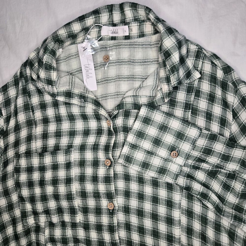 Talulah Boutique Button-Down Tunic Shirt Gauzy‎ Large Green/White Check NWT